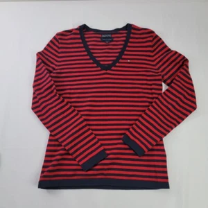 Tommy Hilfiger Striped V-Neck Sweater Pima Cotton Blend Red Blue M - Picture 1 of 7