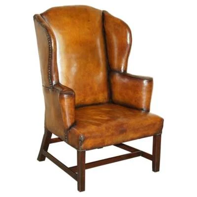 ANTIQUE RESTORED GEORGE II PERIOD CIRCA 1760 WINGBACK BROWN LEATHER ARMCHAIR  - Image 1 of 4