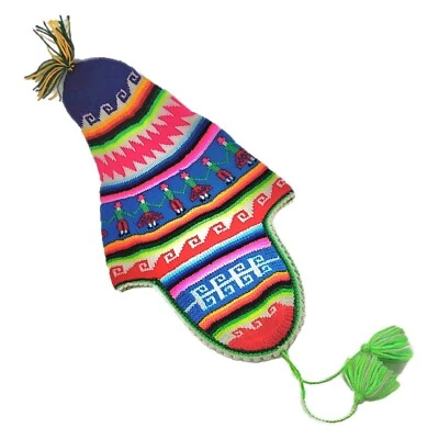 De colección Andino Chullo Tejido Sombrero Colorido Arco Iris Festivo Gorro Gorra Orejeras OS Foto 1 de 4