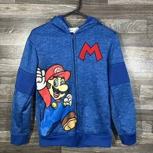 Super Mario Bros Fleece Jacket Boys L Blue Hooded Full Zip Pockets Graphic Print - Picture 1 of 11