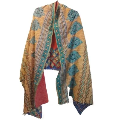 Kantha Manta Bufanda con Flecos Reversible Festival Patchwork Boho Talla 36'/84" E Foto 1 de 4
