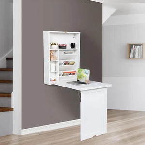 Wall Mounted Space Saving Fold Out Convertible Desk Wood Floating Writing Desk w - Picture 1 of 9