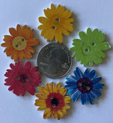 COLORFUL DAISY Dimensional Wooden Button(6pc)Flower•Posies￼•Sew-On •Garden•Petal - Image 1 of 4