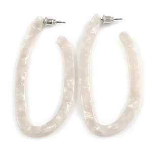 Off White Oval Hoop Earrings with Marble Effect - 65mm Long - Picture 1 of 6