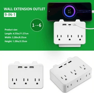 1pk Multi Socket Wall Outlet Extender With USB Ports Wall Mounted Splitter - Image 1 of 4