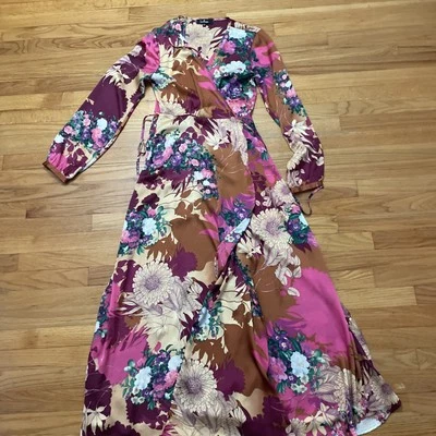 Lulus Put on a Smile Burgundy Floral Print Satin Wrap Maxi Dress Size Large - Image 1 of 4