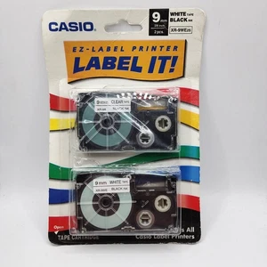 Casio EZ Label Printer Label It ! XR-9WE2s 9MM 3/8” White Tape Black Ink 2 Pack - Picture 1 of 5