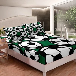 Soccer Ball Fitted Sheet Football Bedding Sheet Sports Theme Green Bed Sheet ... - Picture 1 of 7