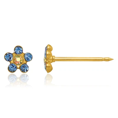 14K Solid Yellow Gold Blue Aurora Borealis Crystals Flower Ear Piercing Studs - Image 1 of 4