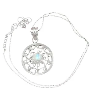 NATURAL RAINBOW MOONSTONE JUNE BIRTHSTONE 925 SILVER WOMEN PENDANT NECKLACE - Picture 1 of 4