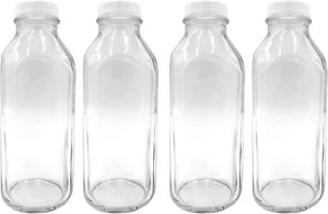 The Dairy Shoppe 1 Ltr. Glass Milk Bottle with Cap. 4 Pack Square Style 33.8 Oz - Picture 1 of 4