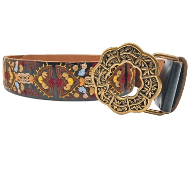 Lucky Brand Black Leather Embroidered Belt Brass Buckle S Western Boho Festival - Image 1 of 4