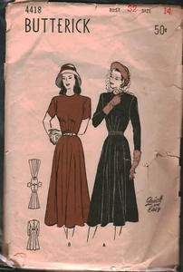 4418 Vintage Butterick SEWING Pattern Misses 1940s Dress Four Gore Flared Skirt - Picture 1 of 2