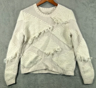 Ann Taylor Sweater Womens Medium Cream Fringe Sweater Wool Alpaca Blend Chunky - Image 1 of 4