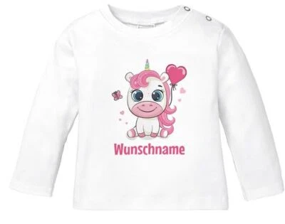 SPECIALME Baby Langarmshirt mit Namen personalisiert Einhorn Wunschname Herz Mädchen