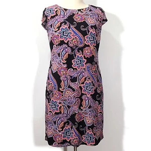 LIZ CLAIBORNE Black Pink Bluse Paisley Cap Sleeve Shift Dress Size Medium - Picture 1 of 7
