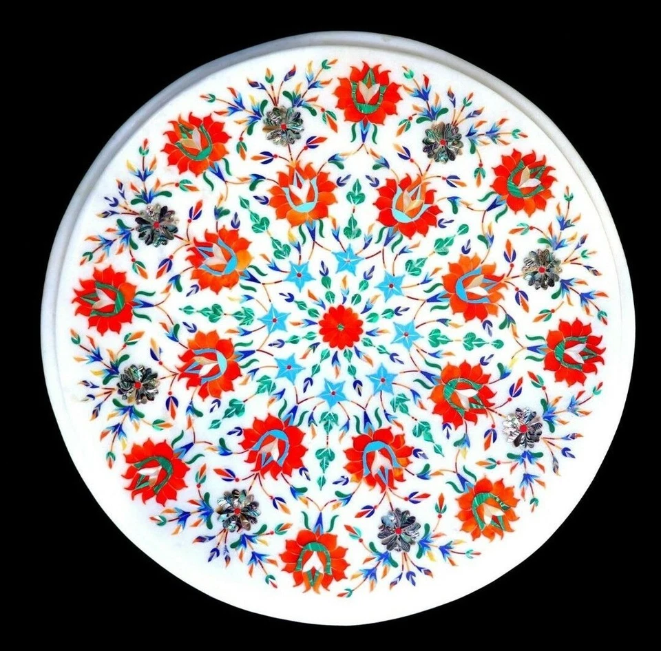 18" semi precious stone marble table top handmade inlay art decor - Image 1 of 1