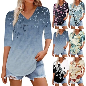 Shirts For Women Trendy V Neck T Shirts Casual Printed Blouse Half Sleeve Tops - Picture 1 of 30