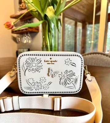 Kate Spade Madison Perforated Camera Crossbody Floral Butterfly KK958 Meringue - Image 1 of 4