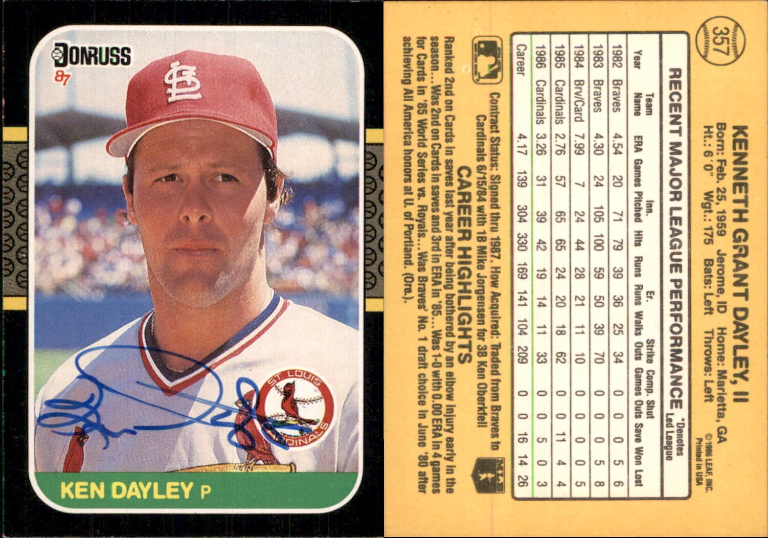 Ken Dayley Signed 1987 Donruss #357 Card St. Louis Cardinals Auto AU