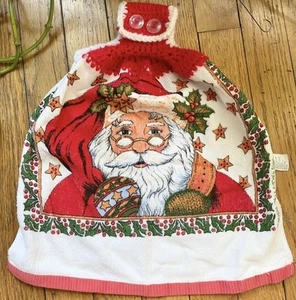 Christmas Santa Hand Towel Vintage Crocheted Top Kitchen Hanging - Picture 1 of 1