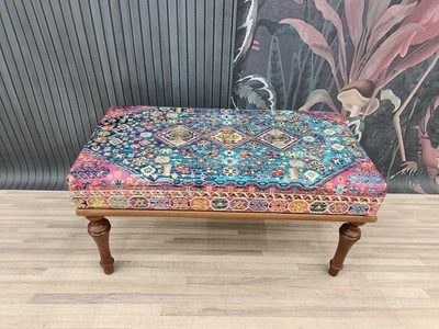 Pink Rug Upholstered Ottoman Bench, Handmade Furniture, Printed Rug Padded Stool - Image 1 of 4
