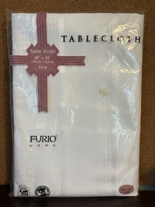 Vintage Furio Home White Satin Stripe Oval Tablecloth 60"x84" - Picture 1 of 7