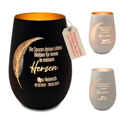 Windlicht Trauer personalisiert aus Glas – Trauerlicht mit Gravur Name und Datum - Bild 1 von 3