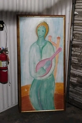 Large Vintage Oil Painting Woman Playing Lute Instrument Abstract Whimsical  - Image 1 of 4