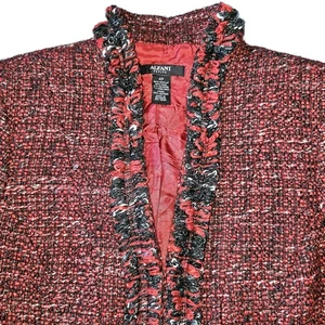Alfani Boucle Tweed Cropped Jacket 4P Red Black Fringe Trim French Boucle Blazer - Picture 1 of 9