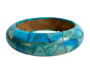 Mosaic Inlay Look Bangle Bracelet Wood Blue Vintage Chunky Statement 3.25” - Picture 1 of 12