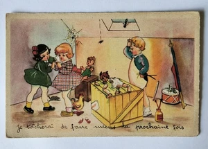 Antique French Postcard Funny Illustration Children Playing at Repairing a Doll - Picture 1 of 2
