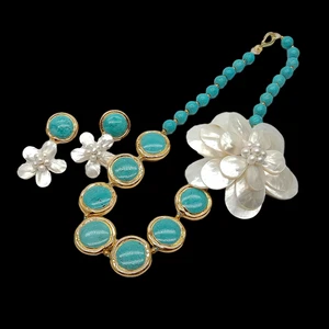 20" Blue Turquoise White Shell Pendant Necklace Earrings Set - Picture 1 of 10