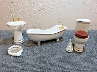 1:12 scale Victorian Dollhouse Bathroom 5 pc set White Porcelain Gold trim - Image 1 of 4