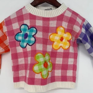 Suéter vintage Justin Charles niños apliques de flores a cuadros tejido cuello redondo colorido - Imagen 1 de 5