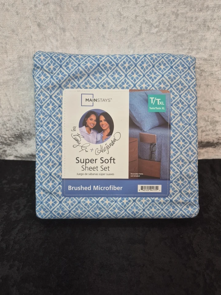 MAINSTAYS Super Soft Sheet Set T/TXL BRUSHED MICROFIBER Blue Cool Geo/