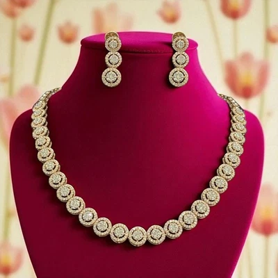 Pave 6.06 Cts Round Brilliant Diamonds Halo Necklace Earrings Set 14K Rose Gold - Image 1 of 4