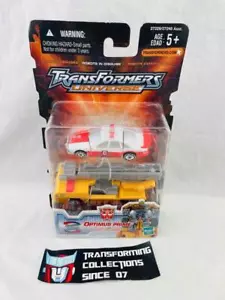 Transformers Universe Optimus Prime Yellow Fire Truck and Prowl MOSC - Picture 1 of 2