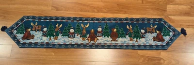 Rustic 12"x70" Moose, Snowman & Bear Forest Table Runner – Holiday Table Decor - Image 1 of 4