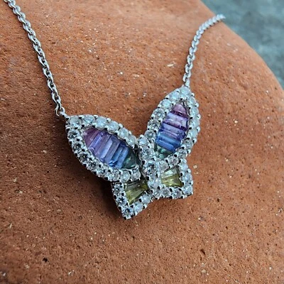 Collar Mariposa Diamante Zafiro Rosa Nicole Oro Blanco 18k .750 18" Au 24142 Foto 1 de 4