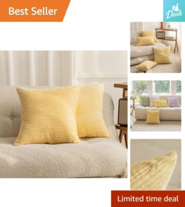 Striped Corduroy Velvet Pillow Covers - Set of 2 - Light Yellow - 18x18 inch - Picture 1 of 9