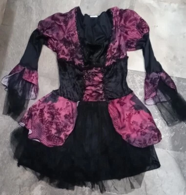 黑色和粉红色 Medievil 哥特女巫服装女式 XS/SM 网眼蕾丝长袖 — 第 1/4 张图片
