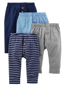 Baby 4-Pack Neutral Pant Blue/Grey Heather/Navy/Stripe Preemie - Picture 1 of 2