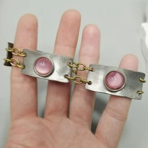 Bracciale Vintage Jyde Kunst Peltro Modernariato Vetro Rosa Cabochon, Danimarca - Foto 1 di 8