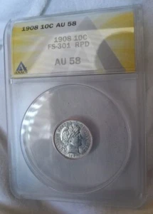 1908 10C Barber Dime ANACS AU-58 FS-301 MPD Look's Uncirculated - Picture 1 of 8