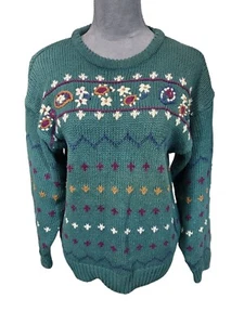 Vintage 62 East Sweater Womens Green Embroidered Pullover Round Neck Size Large - Picture 1 of 6
