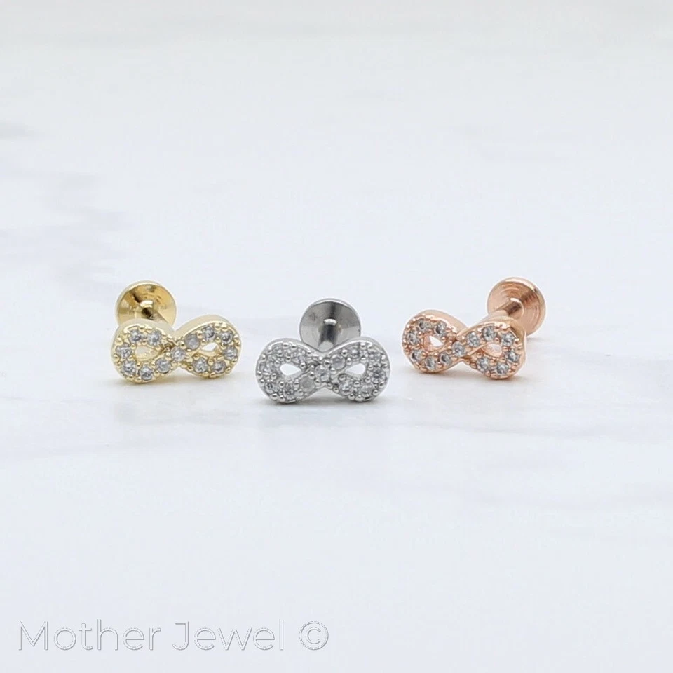 SIMULATED DIAMOND INFINITY SILVER 14K ROSE YELLOW GOLD IP 8MM CARTILAGE STUD - Image 1 of 4