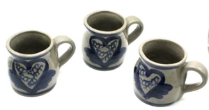3 Vintage BBP Beaumont Brothers Pottery Mugs Winged Heart Salt Glazed Folk Art - Picture 1 of 12