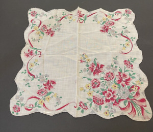 Vintage 1950s Delicate Ladies Floral Flower Print Handkerchief Scalloped Edges