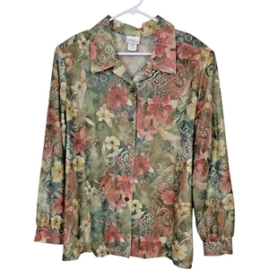 Vintage Blair Boutique Womens Shirt XL Green Tunic Floral Long Sleeve Button Up - Picture 1 of 8
